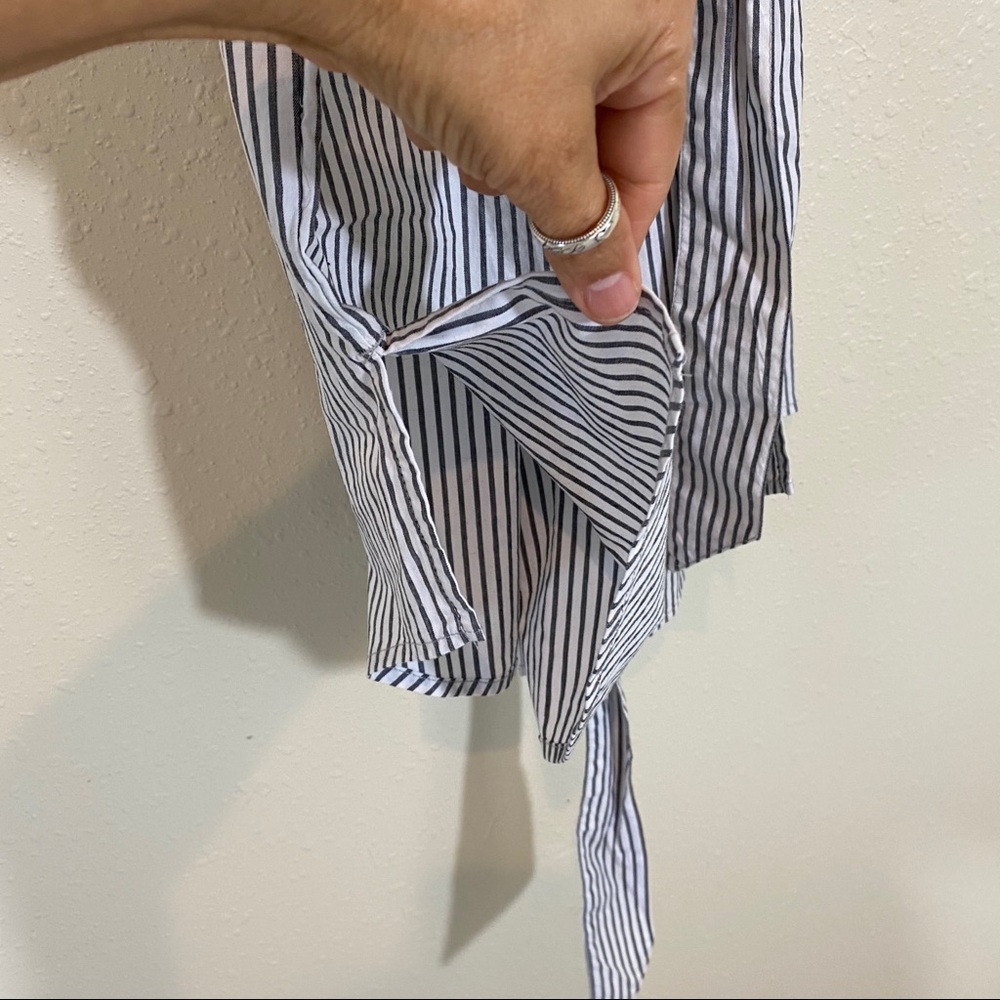 Sneak Peak Shirt Dress Railroad Mini Pinstriped Belted Cuff Sleeves Pocket Beach - Picture 12 of 13